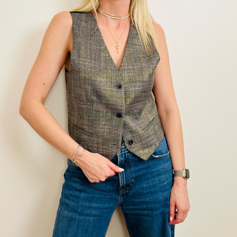 New Jason Wu Black with Gold Threading Plaid Adjustable Tweed Vest Top